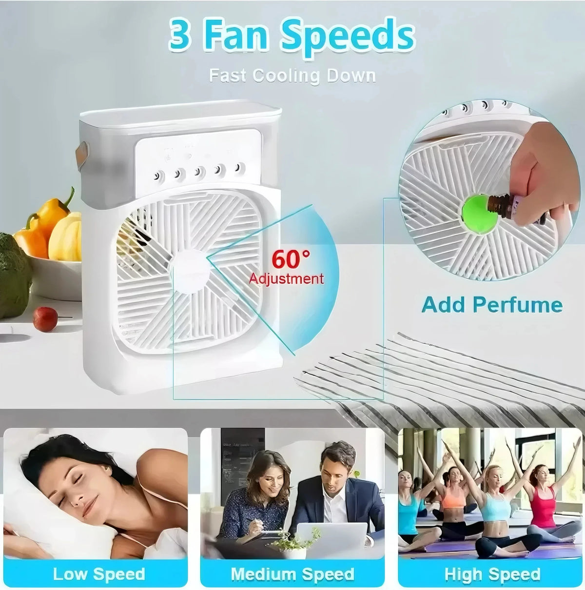 Fan/cooling fan portable household three in one small air cooler, LED night light, 5-hole humidifier, 1-3 hour timer